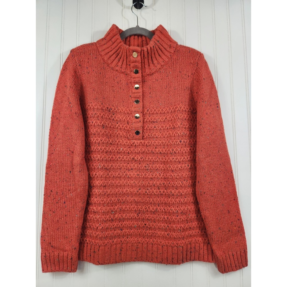 Talbots Orange Donegal Fleck Mock Neck Button Sweater Large Gold Buttons‎ Knit